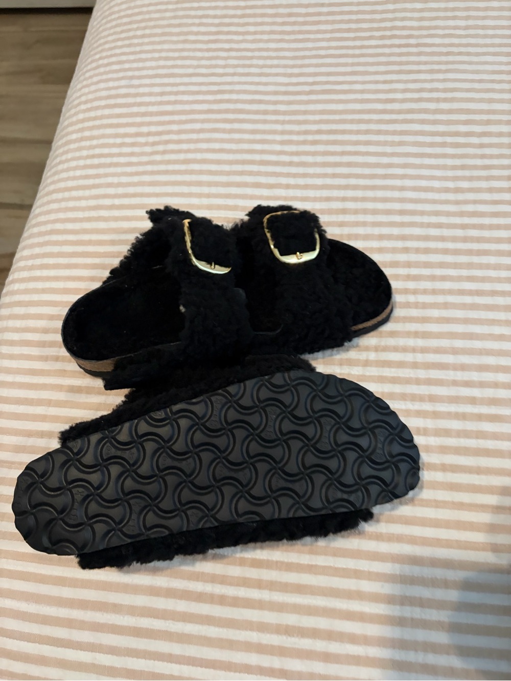 Women Birkenstocks Black Fuzzy Buckle Slide Sandals